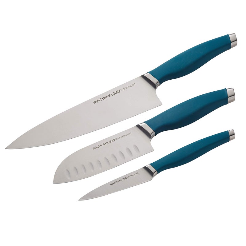 Rachael Ray Cutlery Japanese Stainless Steel Knives Set with Sheaths, 8-Inch Chef Knife, 5-Inch Santoku Knife, and 3.5-Inch Paring Knife, Teal - Image 1